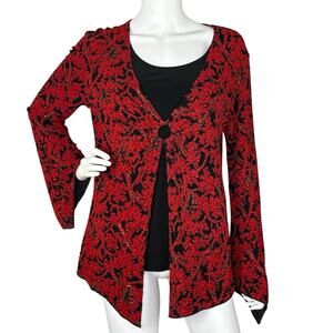 Vtg 90s Y2K Blouse Top Bell Sleeves Stretch Goth Layered Red Black Gold Size L